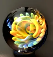 MARCOSE WALTON GLASS MARBLE/1.312"-MULTI-PETAL FLOWER-TANGERINE,BLUE,LIME,GREEN+