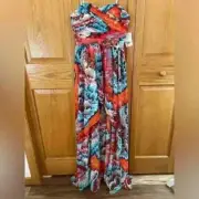 Aidan Mattox Hi Low Feather Print Strapless Chiffon Gown Size 2 NWT