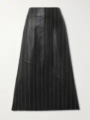 [Victoria Beckham] Victoria Beckham - Paneled Embroidered Pinstriped Leather Midi Skirt - Black - UK 14 UK 14 Black