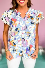 I AM A FASHION JUNKY Light Blue Floral Ruffled Flutter Sleeve Tied V Neck Blouse