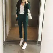 Set: Single Button Blazer + Cropped Dress Pants Dark Green - S