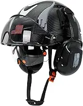 Aolamegs Safe Black Carbon Fiber Hard Hat with Dual Visor and Hearing Protection-OSHA Approved Construction Hard Hats with Visor Sunglasses Earmuffs for Men,Vented Chainsaw Helmet with Chin Straps