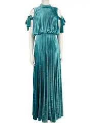 Teal Velvet Pleated High Neck Gown