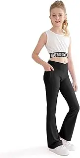 [Nutyomi] Girls Cross High Waisted Yoga Dance Pants for Kids Bell Bottom Solid Running Leggings Pants
