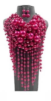 GOLD FUCHSIA PINK Waterfall Pearl CLUSTER Necklace Earrings ( 0075 )