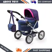 Bayer Trendy Doll Pram Toy Dark Blue With Pink Hearts & Unicorn For Baby 3y+