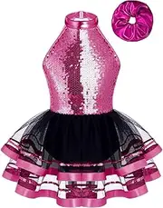 [Jugaoge] Girls Sequins Tutu Dress Sparkly Sleeveless Ballet Skirted Leotard Jazz Latin Dance Costume for Kids