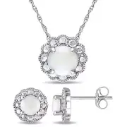 Amour 10k White Gold Opal Flower Halo 2-Piece Necklace and Stud Earrings Set