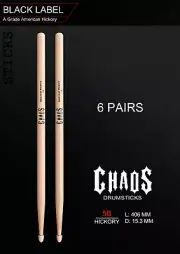 CHAOS 5B DRUM STICKS *6 PAIRS* NORTH AMERICAN HICKORY