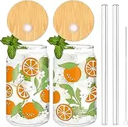 Whaline 2Pcs Orange Drinking Glasses 16oz Boho Orange Daisy Glasses Cup Summer Ice Coffee Cup with Lid Straw for Cocktails Beer Soda