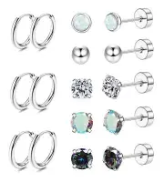 Hypoallergenic Surgical Steel Earrings Stud Hoop Cartilage Opal CZ Silver