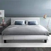 Artiss Double Bed Frame Platform Wooden Headboard Beds Base Frames Bedroom Room Decor Home Furniture, Upholstered with White Faux Linen Fabric + Foam + Wood, Modern Design