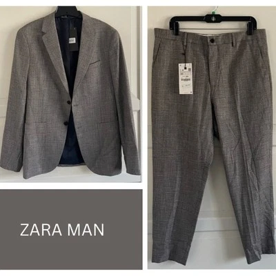 New! Zara Man Tan Gray Check Blazer Trouser 2 Piece Pants Suit NWT 20734