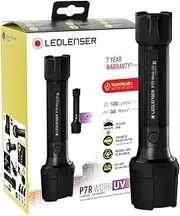 Ledlenser P7R Work UV - LED Rechargeable Torch With Auxiliary UV Light, 1200 Lumens, Water Resistant, Stain Detecting, 365nm, Professional Searchlight, 60 Hour Battery