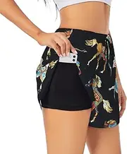 [WURTON] Brown Horse Print Exercise Gym Workout Shorts Women's Athletic Shorts Dual-Layered Yoga Running Shorts