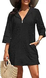 [Yonique] Terry Cloth Cover Up - Long Sleeve Cover Swimsuit Hooded Zipper Beach Cover-up with Pockets