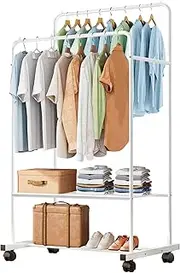 Untyo Clothing Rack with Wheels Double Rails Clothes Rack Rolling Rack for Indoor Bedroom Clothes Rack Max Load 110LBS Shelf on Wheels(White)