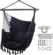 Hammock Chair Hanging Rope Swing Chair with 2 Seat Cushions & Installation Kit, Max 330 Lbs,Hammock Swing Hanging Chair for Bedroom Outside shanging Yard Patio Camping Garden (Black)