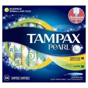 Tampax Regular/Super Absorbency Pearl Plastic Tampons Duo Pack, 34 Count