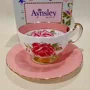 Beautiful Aynsley Pink Cabbage Rose Gilt Large Teacup Saucer Duo Brand New W/Box
