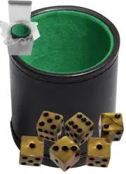 Set (6) 16mm Pearlized Olympic Gold Dice + PU Leather Green Felt Lined Cup