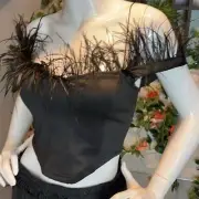 Micas Feathered Trim Off the Shoulders Satin Corset Style Crop Top RefHHH