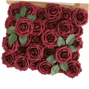 Artificial Flower Rose Real Touch Fake Flowers with Stem Foam 30PCS Burgundy