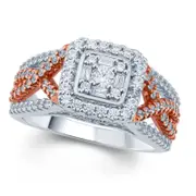 1.0 CT. T.W. Baguette and Round Natural Diamond Cushion Frame Twist Engagement Ring in Solid 10K Two-Tone Gold