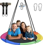Hishine 110cm Saucer Tree Swing for Kids, 360° Rotate Waterproof Flying Saucer Swing with Swivel, Hanging Straps, Adjustable Ropes, Round Mat Spinner Swing for Tree/Swing Set (Rainbow)