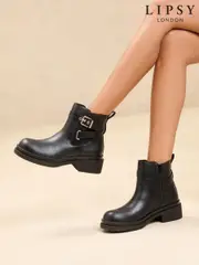 Lipsy Black Wide Fit Chunky Multi Strap Faux Leather Buckle Faux Leather Ankle Boots (AJ4544) | $47
