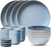 [CORELLE] Stoneware 16-Pc Dinnerware Set, Handcrafted Artisanal Double Bead Plates, Meal Bowls, Bowls and Tumblers, Solid and Reactive Glazes, Dining Plate Set, Nordic Blue
