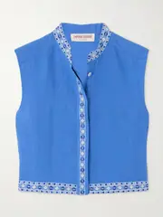 [Emporio Sirenuse] Emporio Sirenuse - Andorra Cropped Embroidered Linen And Cotton-blend Top - Blue - IT44 IT 44 Blue