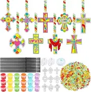 Pasimy 36 Sets Cross Suncatchers Craft Kits Religious DIY Paint Window Hanging Ornaments Decorations Christian Jesus Loves Me Activities Arts Gifts for Easter Sunday School Church Vbs Party Favors