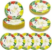 100 Pcs Flamingo Plates Hawaiian Aloha Paper Plates 7” Disposable Dinner Dessert Plate Tableware Set Luau Tropical Themed Party Supplies Summer Holiday Beach Picnic Birthday Party Decorations