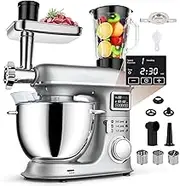 Stand Mixer 8L, 8-in-1 Fermentation Electric Kitchen Mixer with with LED Display, 6 Speed Tilt-Head with Stainless Steel Bowl, 1.5L Glass Jar, Meat Grinder, Dough Hook, Whisk, Pasta Attachment Silver