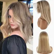 Wigs Human Hair 13x4 Ash Blonde Bob Lace Front 12 Inch Ombre Highlights Brown...