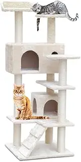 i.Pet Cat Tree Large Cats Tower Ultimate Scratching Post, 134cm Height Pet Scratcher Cardboard Posts Beige Indoor Kittens Wooden Play House Towers and Trees Corner Toys, with Condo and Ladder