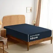 Wake In Cloud - Extra Deep Queen Fitted Sheet 1 Piece - 50cm Deep Pocket Bed, 1000TC Ultra Soft Microfiber, Navy Blue, Queen Size