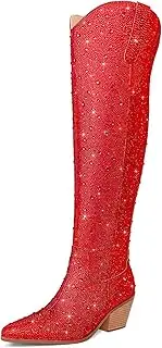[RONILURN] Women Rhinestone Over the Knee Cowboy Boots, Sparkly Bling Cowgirl Boots Western Thigh High Boots Pull-On Side Zippers Chunky Heel Pointed Toe Size5-12 For Fashion&Daily