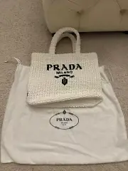 New PRADA Small Crochet Raffia Tote Bag Purse White Dustbag, Box, Card