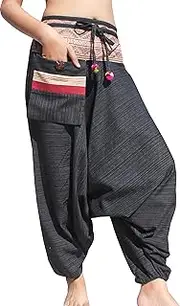 [RaanPahMuang] Stripe Cotton Patch Waist with Hanging Pocket Mao Hill Tribe Pants