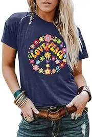 [JKMTDNG] Peace Sign Love Shirt Women 60s 70s Hippie Theme Party Tshirt Sunflower Print Inspirational Shirts