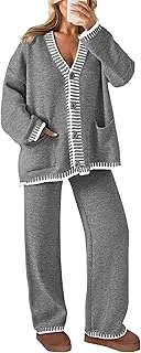 [PRETTYGARDEN] Women's 2 Piece Outfits Knit Matching Lounge Sets Long Sleeve V Neck Cardigan Sweaters Wide Leg Pants Tracksuits