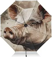 [PDZRMY] Pig Retro UV Protection Travel Umbrella Compact for Rain and Sun - Auto Open and Close UPF 50+ Windproof Portable 46” Sun Umbrella for Women and Men