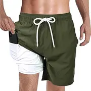 [Tsctswk] Mens Swim Trunks with Compression Liner, 2 in 1 Quick-Dry Board Shorts,7" Inseam Swimming Trunks for Men Beach Essentials