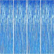 4 Pack Blue Tinsel Foil Fringe Curtains Backdrop Party Decorations, Shimmer Blue Streamer Backdrop Curtains Photographic Studio Photo Backgrounds for Birthday Wedding Christmas