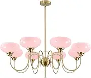 BOKT Gold Mid Century Chandelier Over Table 8-Light Pink Flush Mount Ceiling Light Fixture Kitchen Adjustable Height Ceiling Hanging Light Pink Globe Glass Chandelier for Dining Room Bedroom