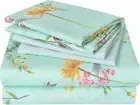 Green Floral Sheet Set Queen Size, 6 Piece Soft Botanical Printed Microfiber Bed