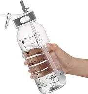Water Bottle, 1 Litre Water Bottle with Straw and Handle BPA-Free, Daily Water Intake Bottle with Time Markings Tracker to Remind the Drinking Time, Ideal for Gym Office Hydration