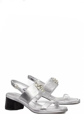 NIB Tory Burch Eleanor Two-Band Medallion Slingback Sandals silver 8.5